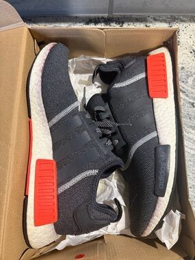 adidas NMD R1 “Grey Red” Black Sneakers with Red Accents